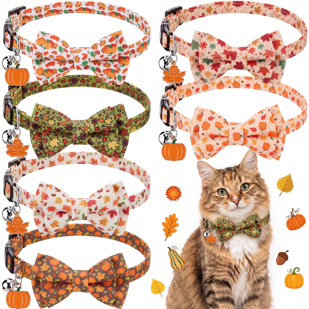 Hsei 6 Pcs Fall Cat Collars Bulk Bow Tie Bell for Autumn Charm Grooming