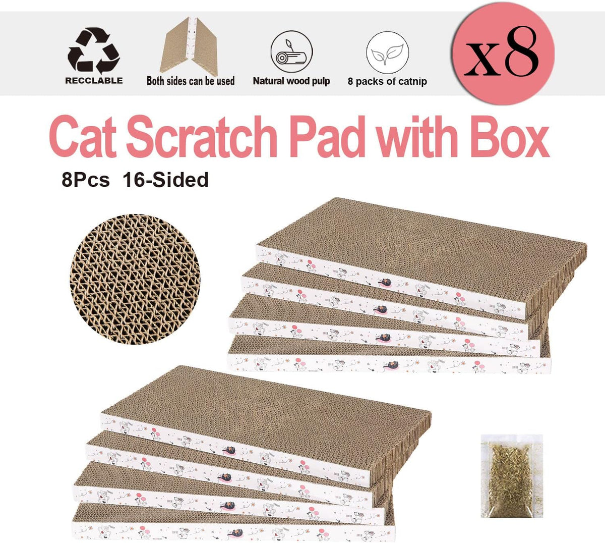 8 Packs in 1 Cat Scratch Pad, Cat Scratcher Cardboard,Reversible,Durable Recyclable Cardboard, Premium Scratch, Suitable for Cats to Rest, Grind Claws and Play