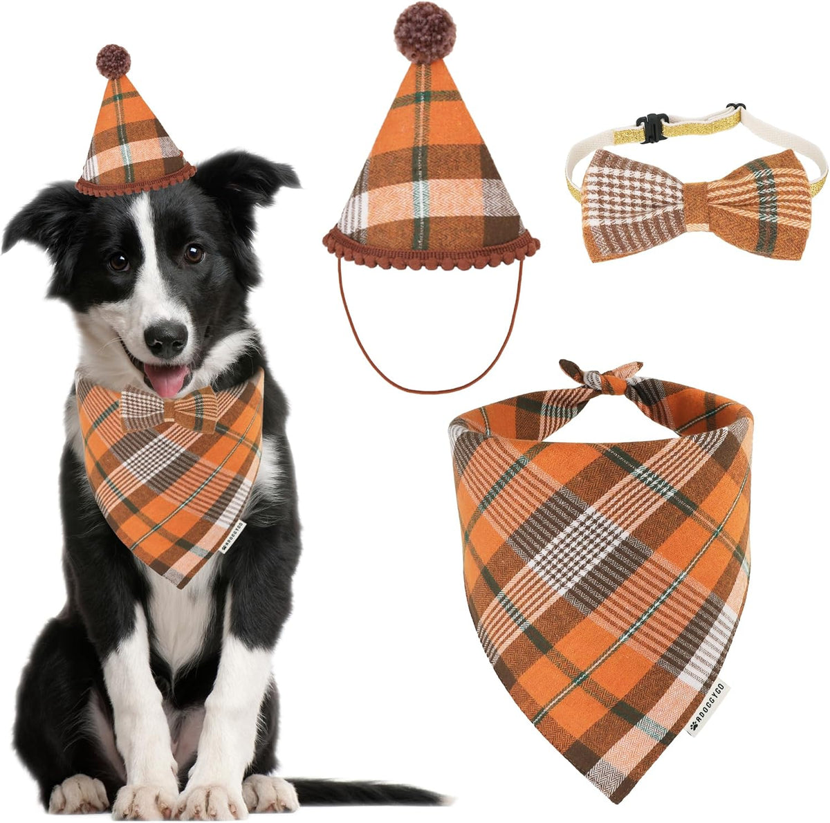 ADOGGYGO Christmas Dog Bandana Hat Bow Tie Set - Stylish Red Plaid Puppy Christmas Hat Scarf Costume Outfit for Small Dogs Pets (Small)