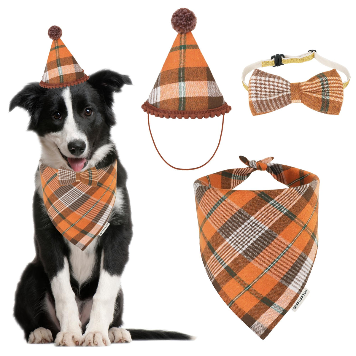 ADOGGYGO Christmas Dog Bandana Hat Bow Tie Set - Stylish Red Plaid Puppy Christmas Hat Scarf Costume Outfit for Small Dogs Pets (Small)