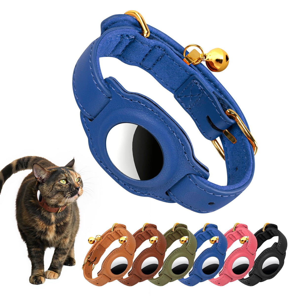 AirTag Cat Collar with Bell & Fabric Liner - Pet Collar Leather Cat Collar - Non Breakaway Leather Kitten Collar with AirTag Holder - GPS Cat Collars for Boy Cats, Girl Cats (Brown)