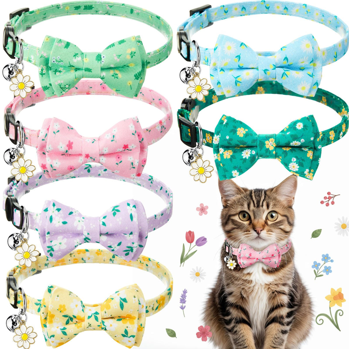Hsei 6 Pcs Fall Cat Collars Bulk Bow Tie Bell for Autumn Charm Grooming