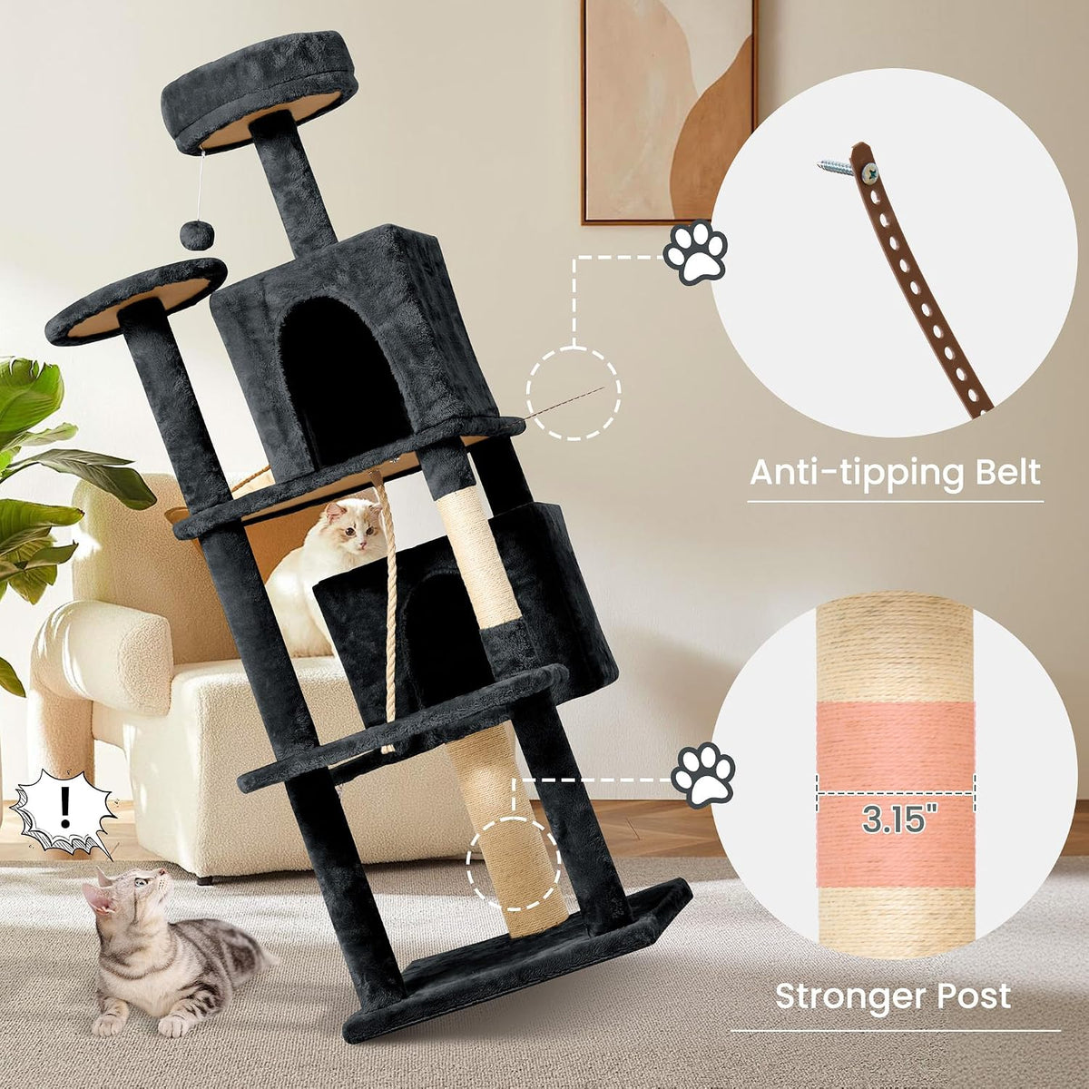 58.5inch Large Cat Tree Tower Condo for Indoor Cats, Soft Plush Multi-Level Climbing Tree Cat House with Cat Cave, Scratching Post, More Entrance/Exit, Sisal Rope, Grey Black