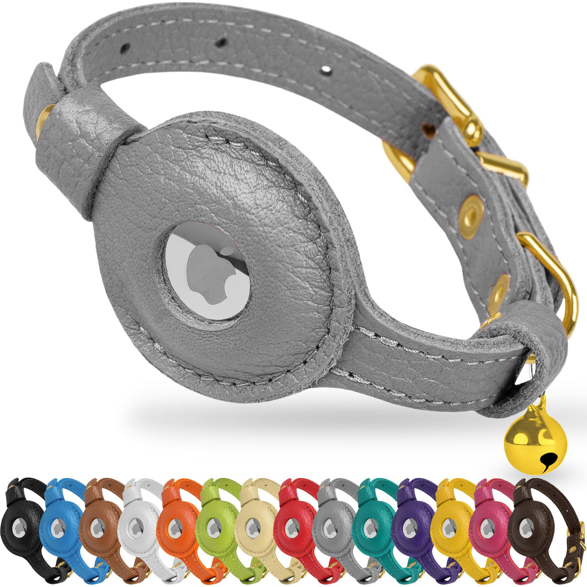 OOPSDOGGY Leather AirTag Cat Collar with Bell - Non Breakaway Kitten Collar with Apple Air Tag Holder - Lightweight GPS Pet Collars for Girl Boy Cats, Small Dogs, Puppies (Gray)