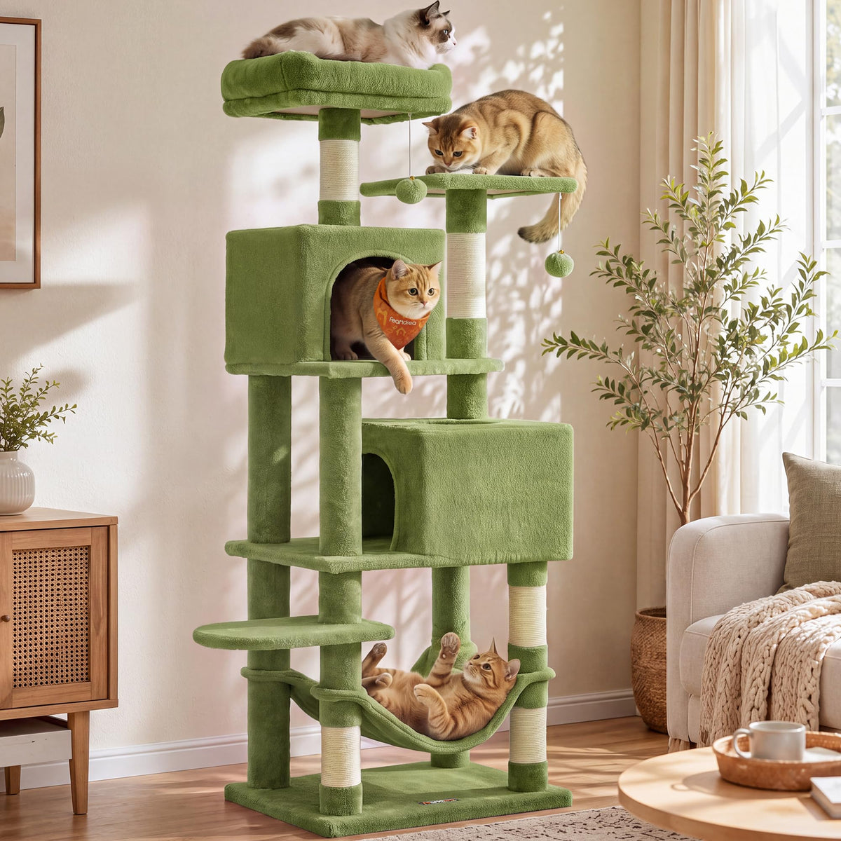 Feandrea Cat Tree, 59.5-Inch Tall Cat Tower, Multi-Level Condo, Beige