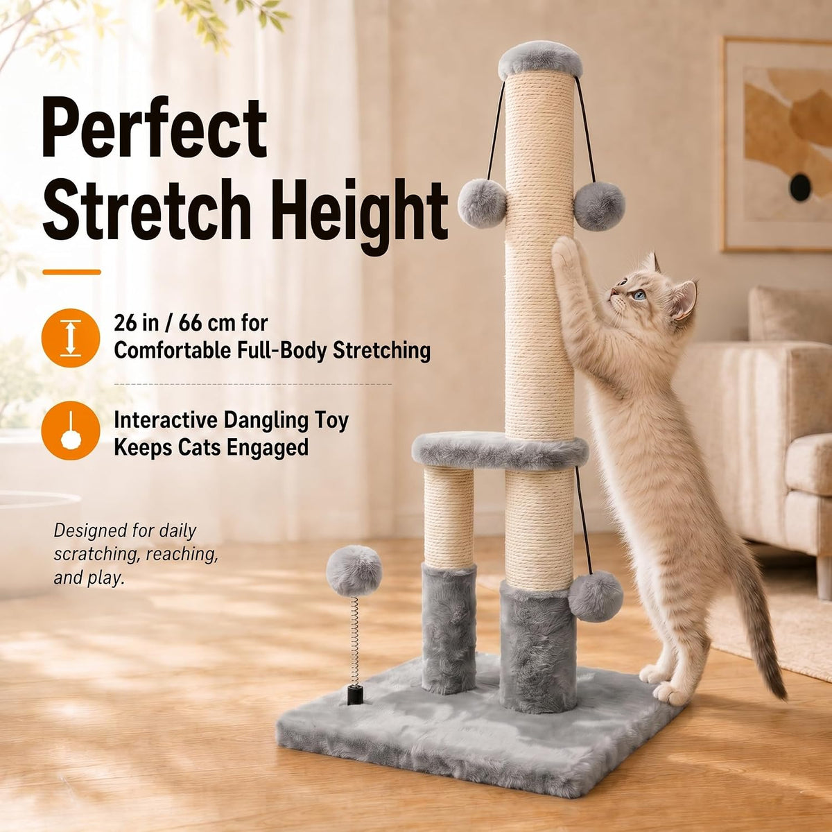 Dimaka Tall Cat Scratching Post, Double Lower Posts Extra Stable Cat Post Tree Scratcher with Sisal Rope and Teasing 4 Balls Total Large Base (Grey)