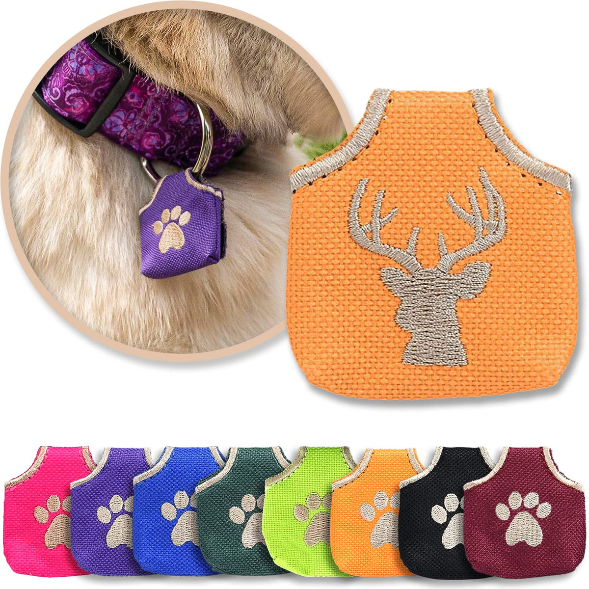 Woofhoof Dog Tag Silencer, Blue Pawprint - Quiet Noisy Pet Tags - Fits Up to Four Pet IDs - Dog Tag Cover Protects Metal Pets IDs, Made of Durable Nylon, Universal Fit, Machine Washable