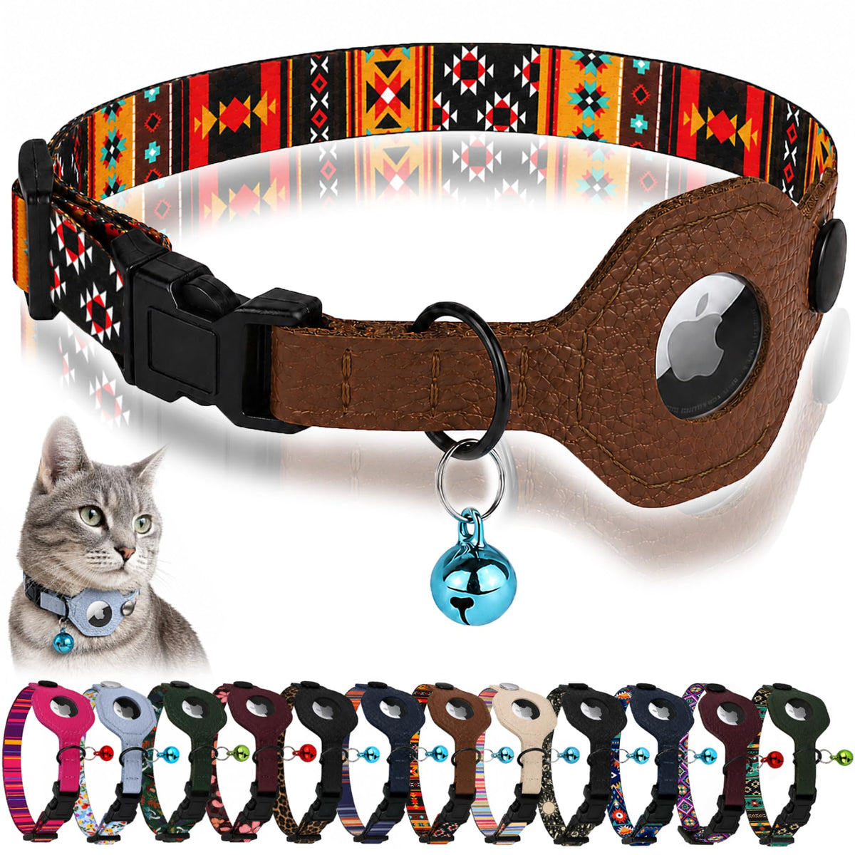 Breakaway Cat Collar with Leather AirTag Holder & Bell - Apple Air Tag Cat Collars for Girls & Boys, Lightweight Anti-Lost GPS Tracker Design, Printed Pattern - Safety and Adjustable (Aztec)