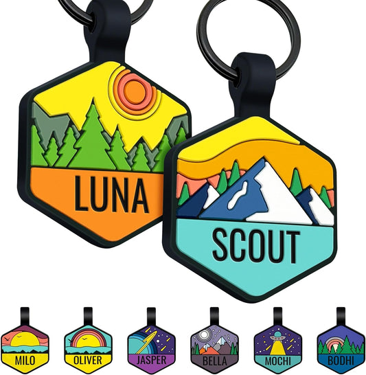 GoTags Silicone Dog Tag with Design, Silent Personalized Engraved Dog and Cat Name Pet ID Tags, Soundless No More Jingling Dog Tags Outdoor Colorful Designs, Mountain, Forest and Space Theme (Hexagon)