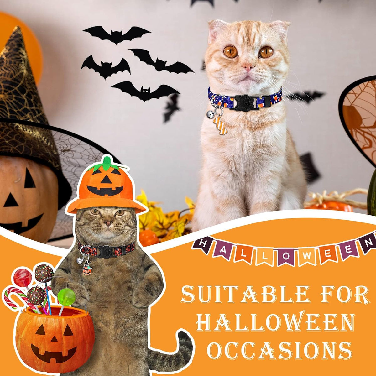 Sanwuta 8 Pcs Halloween Cat Collars Breakaway with Bell, Adjustable Buckle