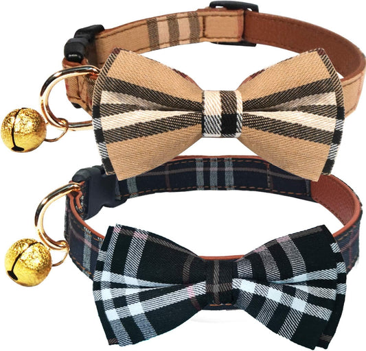 2 Pack/Set Dog Collars with Bow Tie and Bells, Adjustable Cute Dog Bow Ties Collar for Small/Medium/Large Boys and Girls Pets (Black+Brown, S(9.6''-13.8''))