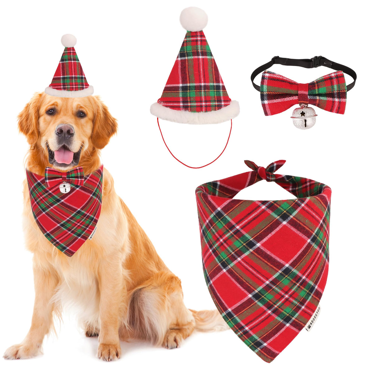 ADOGGYGO Christmas Dog Bandana Hat Bow Tie Set - Stylish Red Plaid Puppy Christmas Hat Scarf Costume Outfit for Small Dogs Pets (Small)