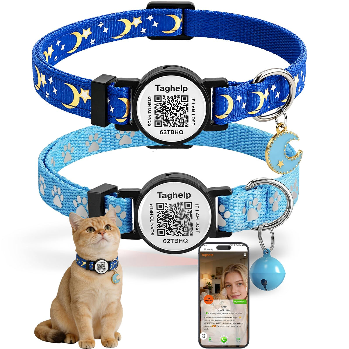 2 Pack Airtag Cat Collar, Breakaway Cat Airtag with Smart ID tag & QR Code Reflective (Moon Stars - Black & Pink, with Integrated AirTag Holder)