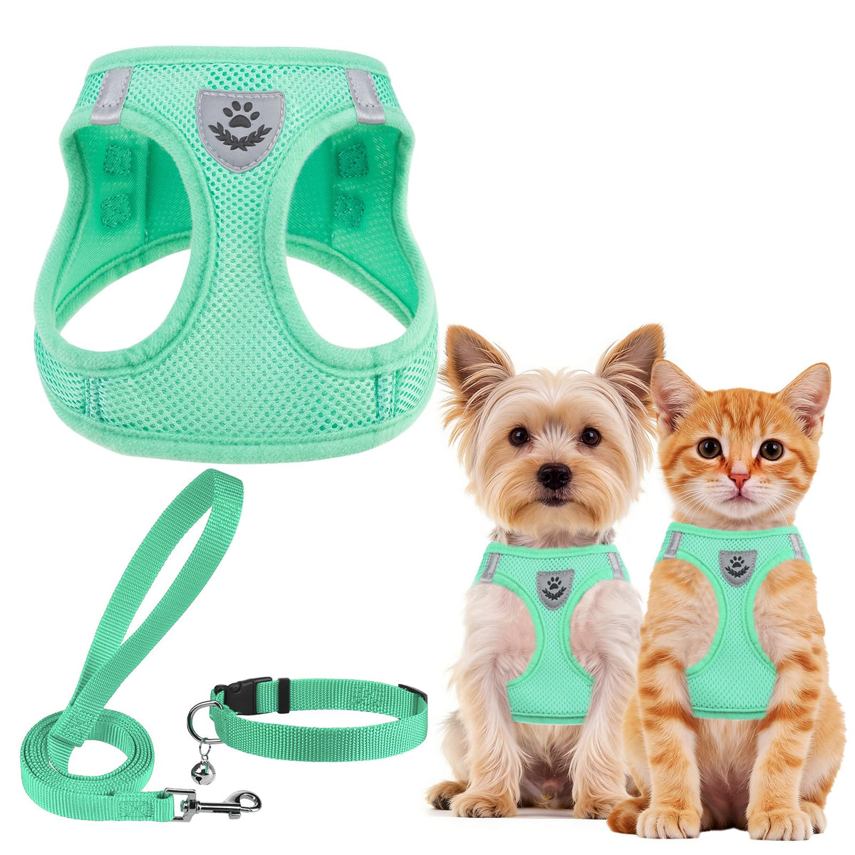 PUPTECK Adjustable Pet Harness Collar &Leash Set Step in for Small Dogs Puppy &Cats Outdoor Training &Running, Soft Mesh Padded Reflective Vest Harness,M: Chest girth: 16-18in Collar: 11.8-15.7in