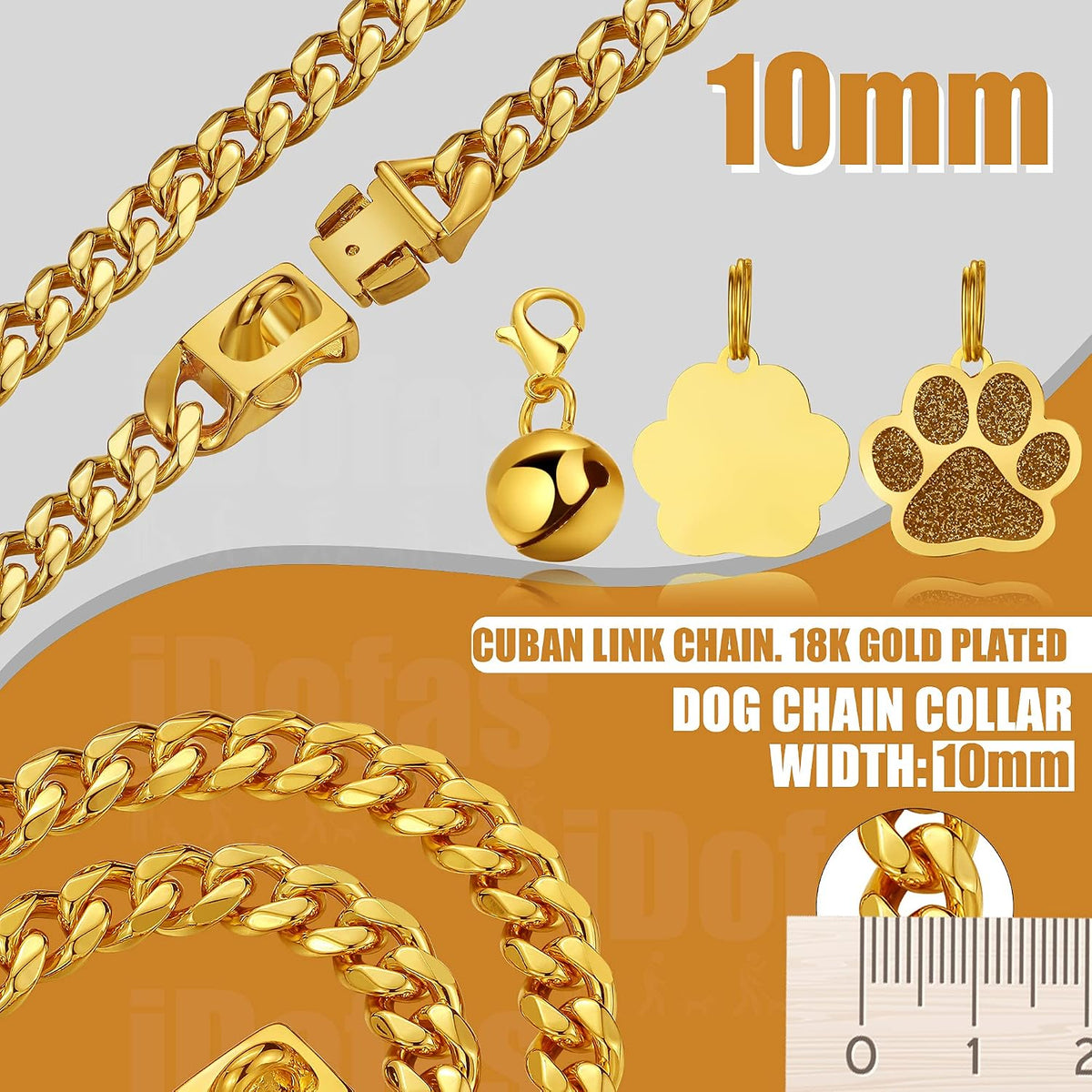 Dog Chain Collars Gold Dog Collar 10mm Gold Cuban Link Dog Collar Stainless Steel 18K Gold Dog Chain with Snap Buckle Dog tag & Bell for Puppy Small Medium Large Dogs(16")