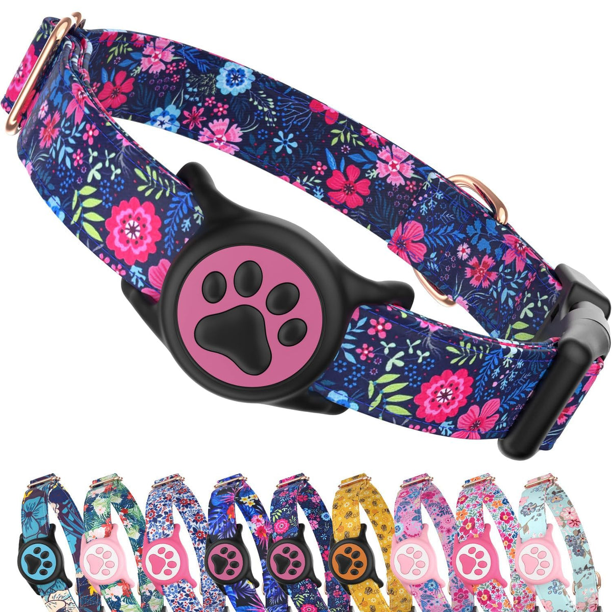 Premium Airtag Dog Collar，with IP68 Waterproof AirTag Holder,Pink,S