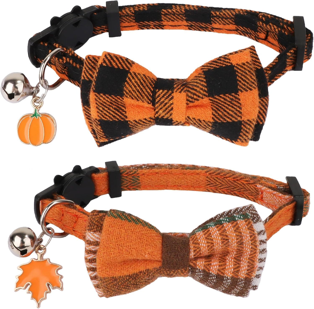 ADOGGYGO Fall Cat Collar Breakaway, Orange Plaid Thanksgiving Cat Bow Tie