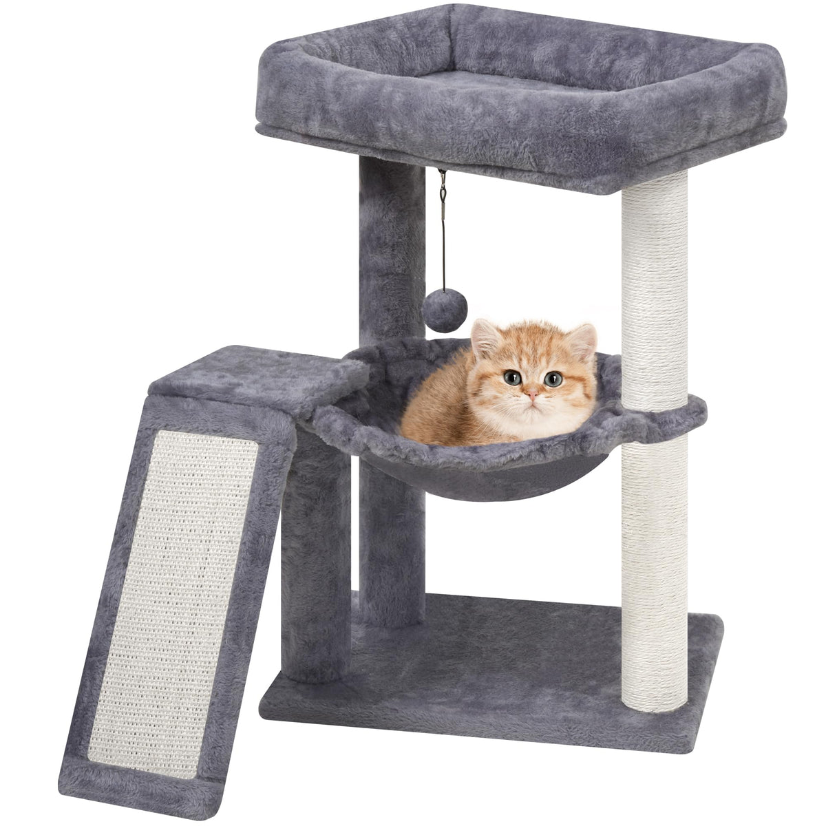 YOUPET Cat Tree with Cat Scratching Post for Indoor Cats, Cat Tower with Scratching Board and Playful Toy Balls, Cat Tree Tower with Cozy Hammock,Grey