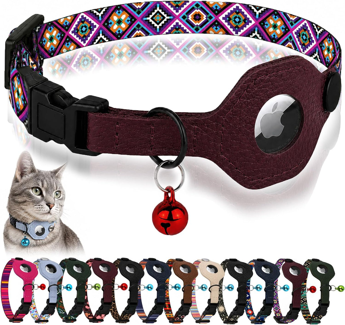 Breakaway Cat Collar with Leather AirTag Holder & Bell - Apple Air Tag Cat Collars for Girls & Boys, Lightweight Anti-Lost GPS Tracker Design, Printed Pattern - Safety and Adjustable (Aztec)