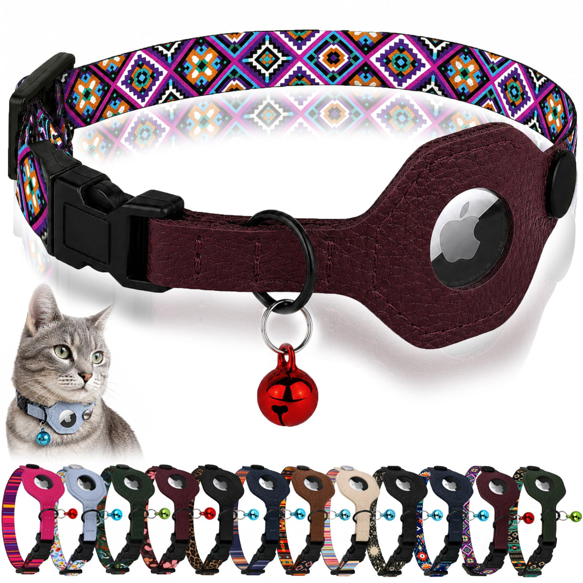 Breakaway Cat Collar with Leather AirTag Holder & Bell - Apple Air Tag Cat Collars for Girls & Boys, Lightweight Anti-Lost GPS Tracker Design, Printed Pattern - Safety and Adjustable (Aztec)