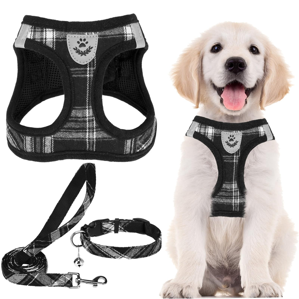 PUPTECK Adjustable Pet Harness Collar &Leash Set Step in for Small Dogs Puppy &Cats Outdoor Training &Running, Soft Mesh Padded Reflective Vest Harness,M: Chest girth: 16-18in Collar: 11.8-15.7in
