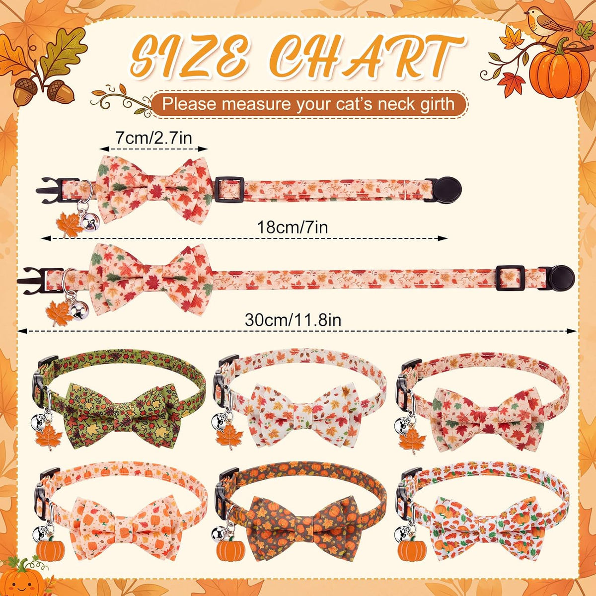 Hsei 6 Pcs Fall Cat Collars Bulk Bow Tie Bell for Autumn Charm Grooming