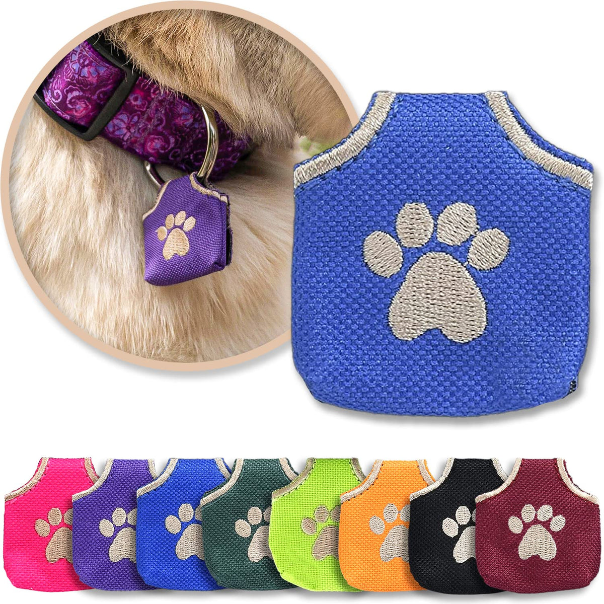 Woofhoof Dog Tag Silencer, Blue Pawprint - Quiet Noisy Pet Tags - Fits Up to Four Pet IDs - Dog Tag Cover Protects Metal Pets IDs, Made of Durable Nylon, Universal Fit, Machine Washable