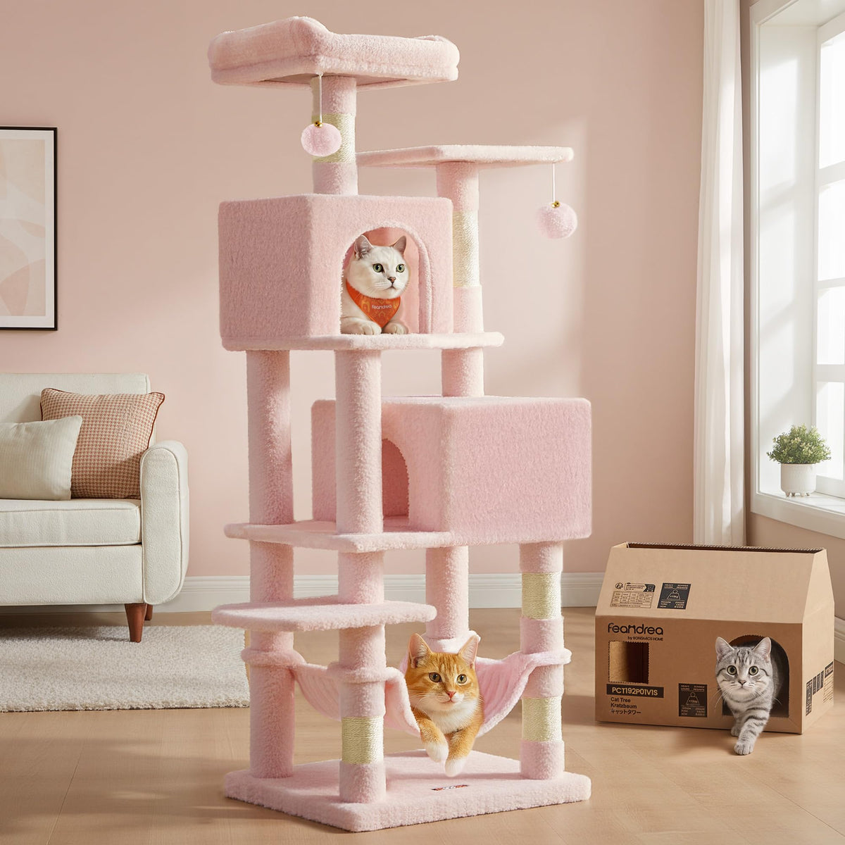 Feandrea Cat Tree, 59.5-Inch Tall Cat Tower, Multi-Level Condo, Beige