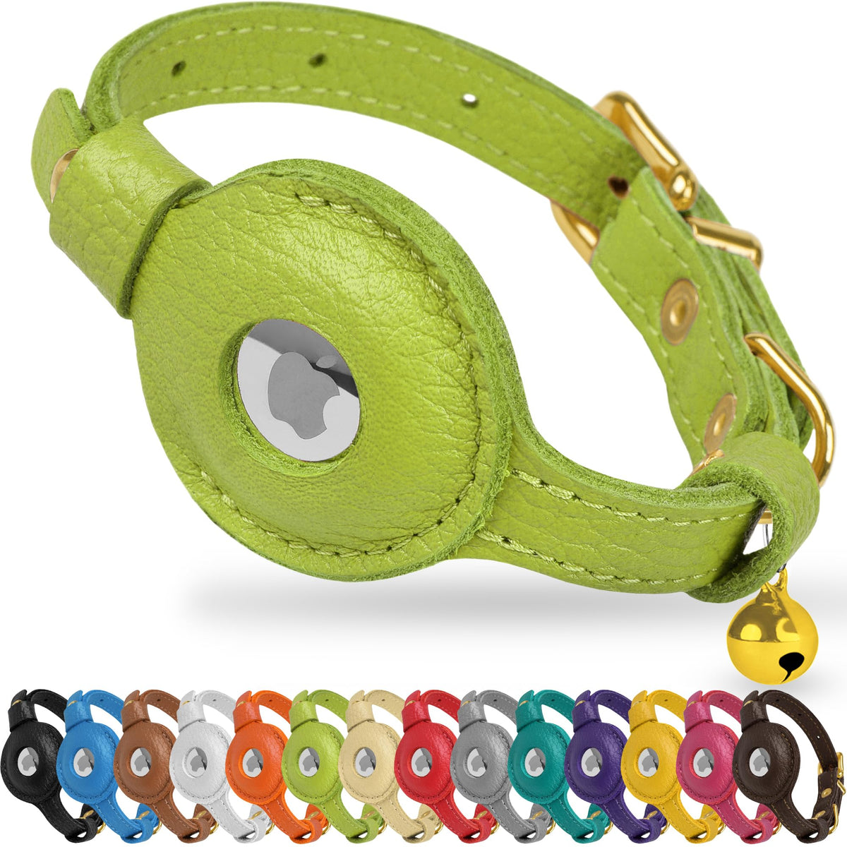 OOPSDOGGY Leather AirTag Cat Collar with Bell - Non Breakaway Kitten Collar with Apple Air Tag Holder - Lightweight GPS Pet Collars for Girl Boy Cats, Small Dogs, Puppies (Gray)