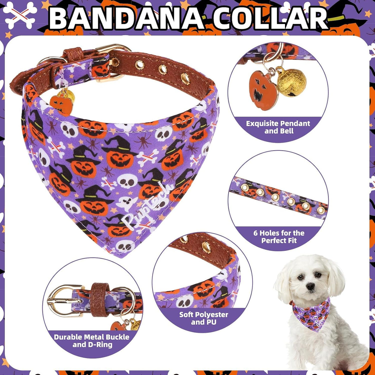PUPTECK Halloween Dog Collar and Leash Set - 3 Pack Adjustable Pet Bandana Collars with Bow Tie and Bells, Soft Leather for Small Dogs Puppies and Cats Accessories, Orange Pumpkin