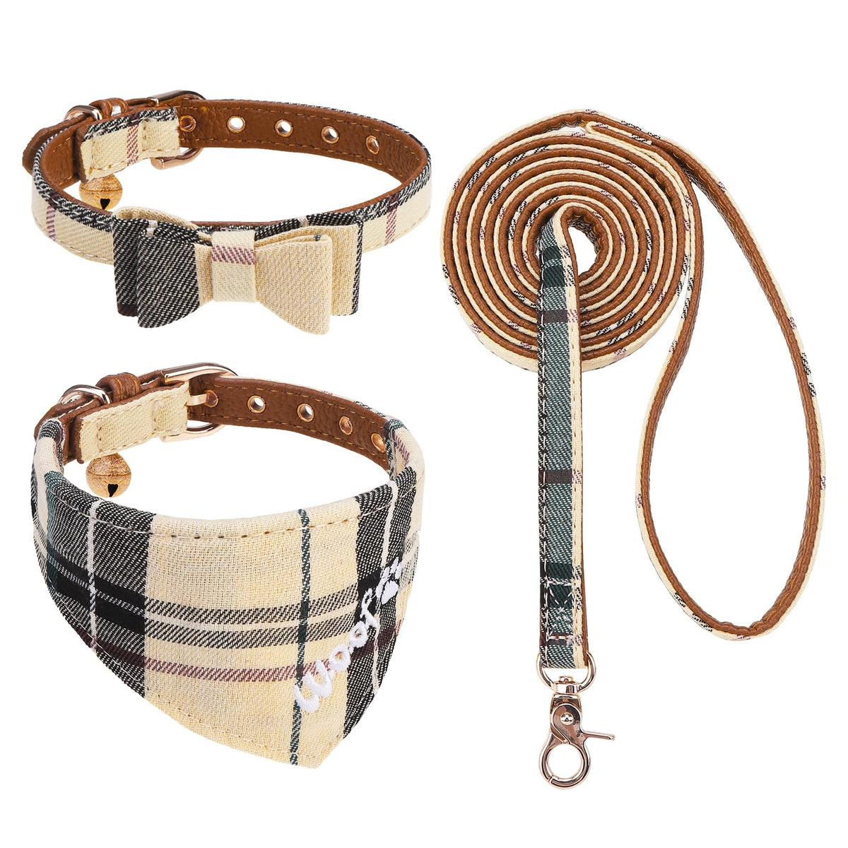 KOOLTAIL Cute Small Dog Collar and Leash Set with Bowtie and Bells,Puppy Bandana Collar and Leash for Girls with Pink Heart Pattern,Soft Leather Tangle Free Leashes for Small Dogs,Cats