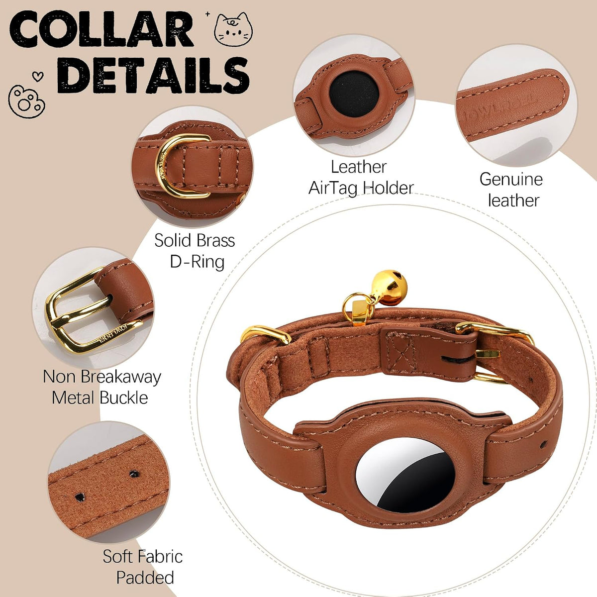 AirTag Cat Collar with Bell & Fabric Liner - Pet Collar Leather Cat Collar - Non Breakaway Leather Kitten Collar with AirTag Holder - GPS Cat Collars for Boy Cats, Girl Cats (Brown)
