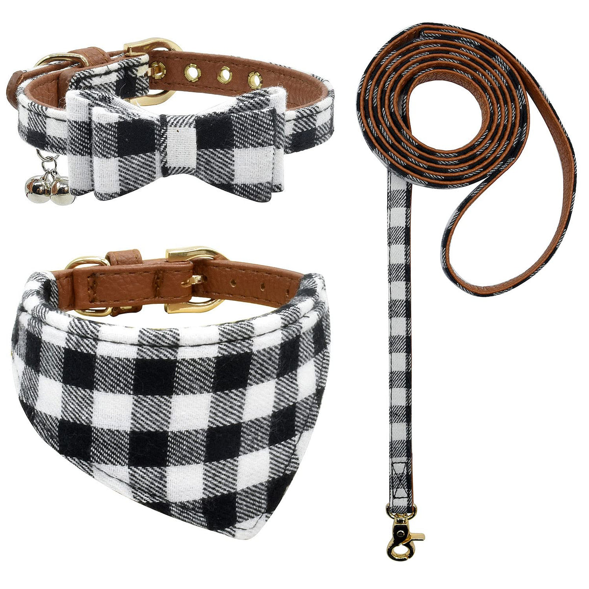 3PCS Bow Tie Dog Collar and Leash Set Plaid/Camo/Dots/Flower Dog Bandanas with Bell 3 Size Adjustable for Small Dogs Puppies and Cats (XS, Orange Plaid)