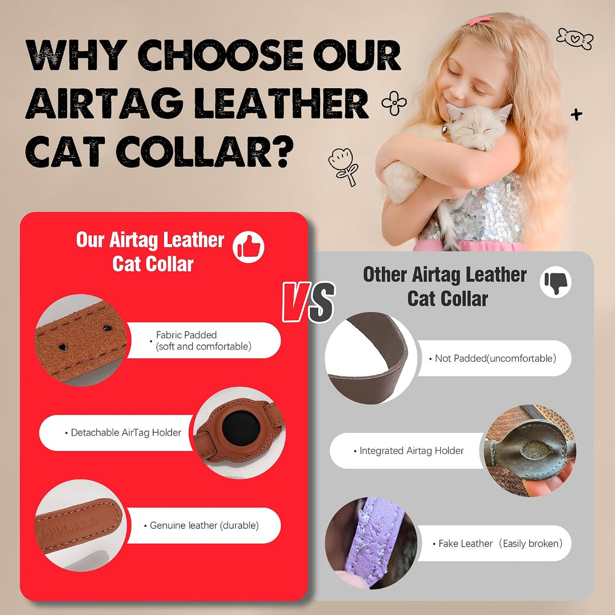 AirTag Cat Collar with Bell & Fabric Liner - Pet Collar Leather Cat Collar - Non Breakaway Leather Kitten Collar with AirTag Holder - GPS Cat Collars for Boy Cats, Girl Cats (Brown)