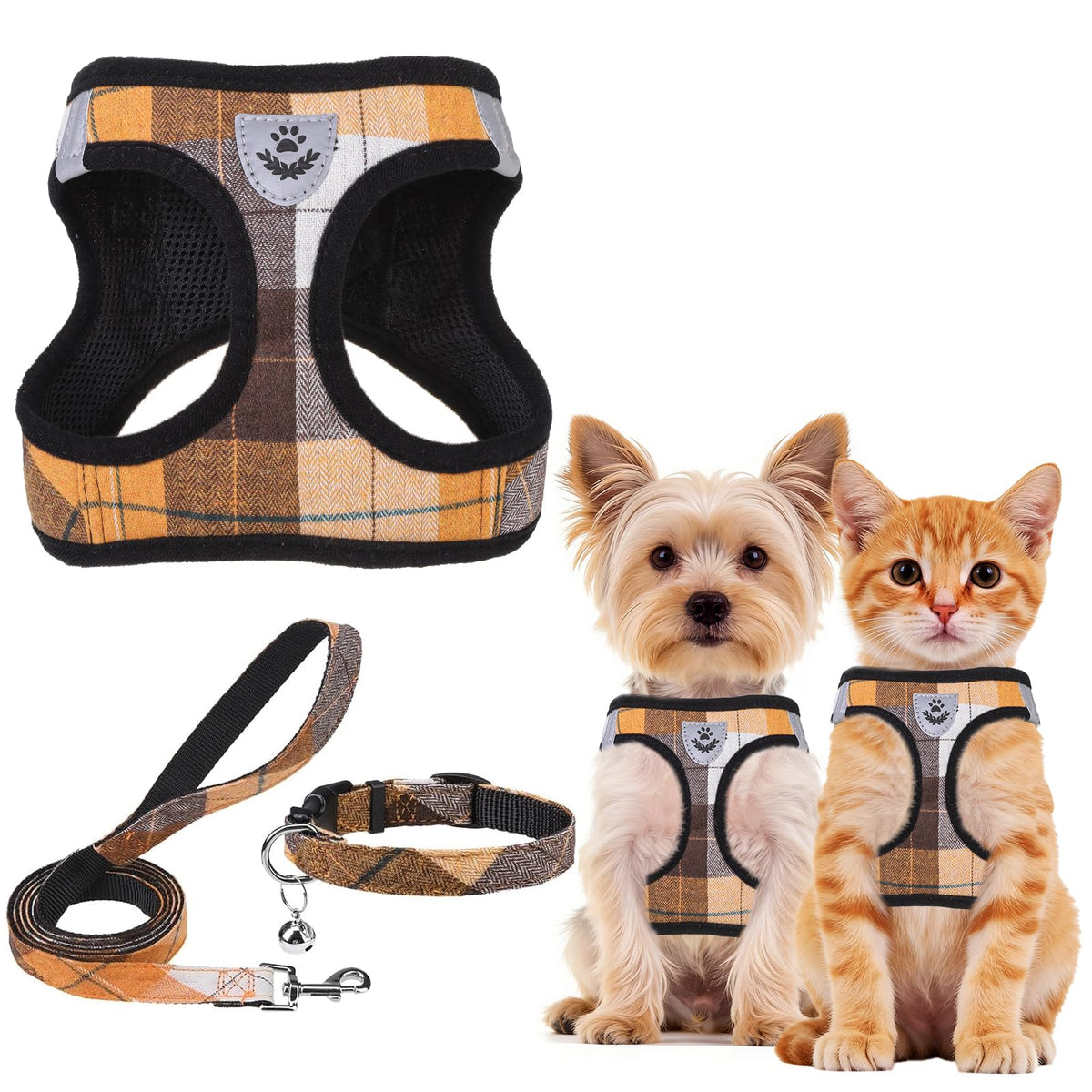 PUPTECK Adjustable Pet Harness Collar &Leash Set Step in for Small Dogs Puppy &Cats Outdoor Training &Running, Soft Mesh Padded Reflective Vest Harness,M: Chest girth: 16-18in Collar: 11.8-15.7in