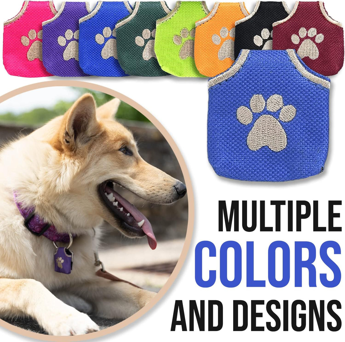 Woofhoof Dog Tag Silencer, Blue Pawprint - Quiet Noisy Pet Tags - Fits Up to Four Pet IDs - Dog Tag Cover Protects Metal Pets IDs, Made of Durable Nylon, Universal Fit, Machine Washable
