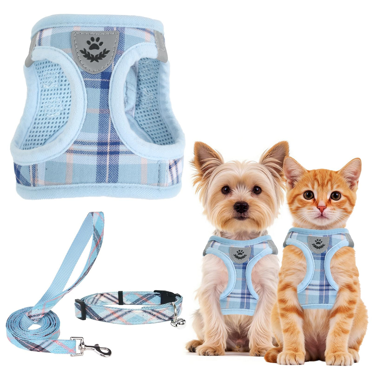 PUPTECK Adjustable Pet Harness Collar &Leash Set Step in for Small Dogs Puppy &Cats Outdoor Training &Running, Soft Mesh Padded Reflective Vest Harness,M: Chest girth: 16-18in Collar: 11.8-15.7in
