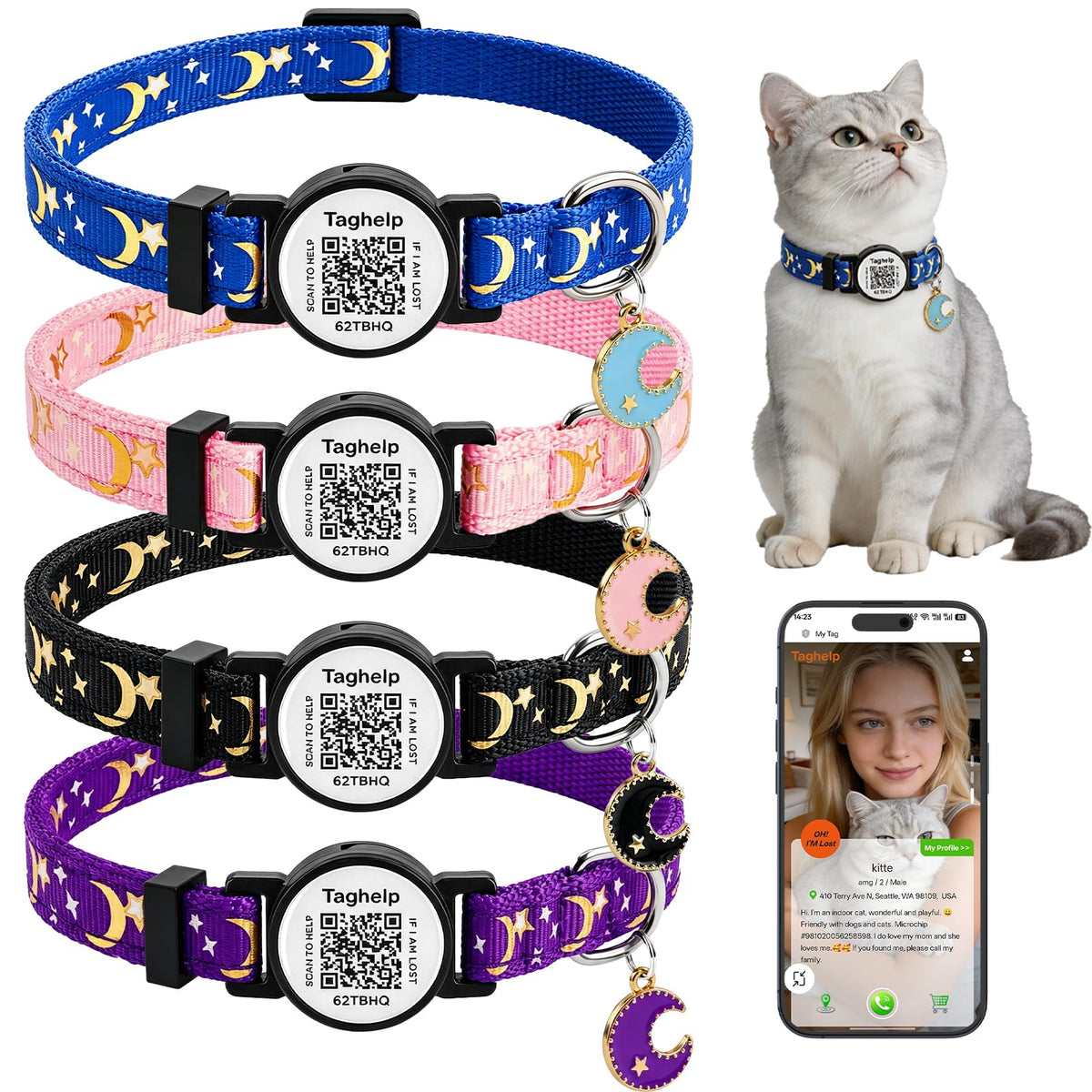 2 Pack QR Code Cat Collar with Instant Lost Pet Recovery System, Scan for Urgent Alerts & Location Info, Breakaway Reflective Collar with Safety Bell (Blue & Pink)