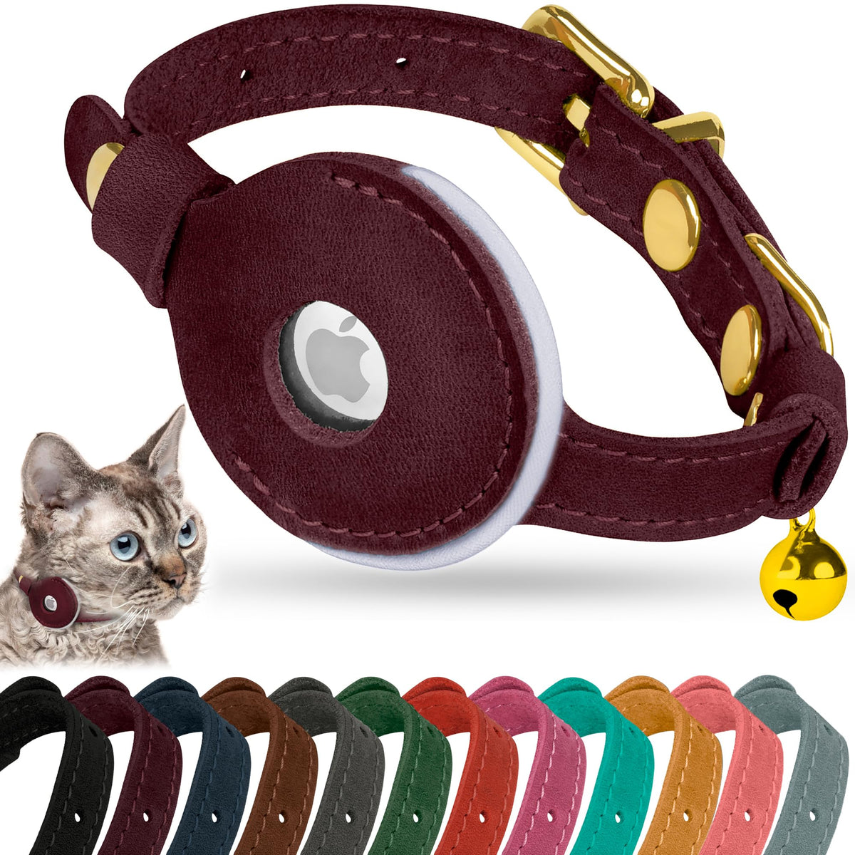 OOPSDOGGY Reflective Leather AirTag Cat Collar with Bell - Non Breakaway Adjustable Pet Collar with Apple Air Tag Holder - Lightweight GPS Kitten Collars for Small Dogs Puppy (Teal)