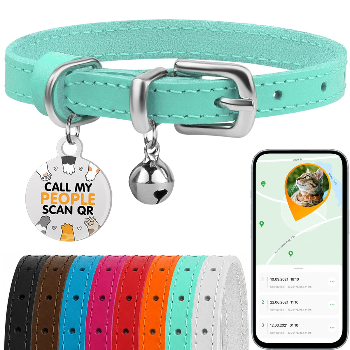 Leather Cat Collar, Removable Bells, QR Tag (9-12", Black & Gold)