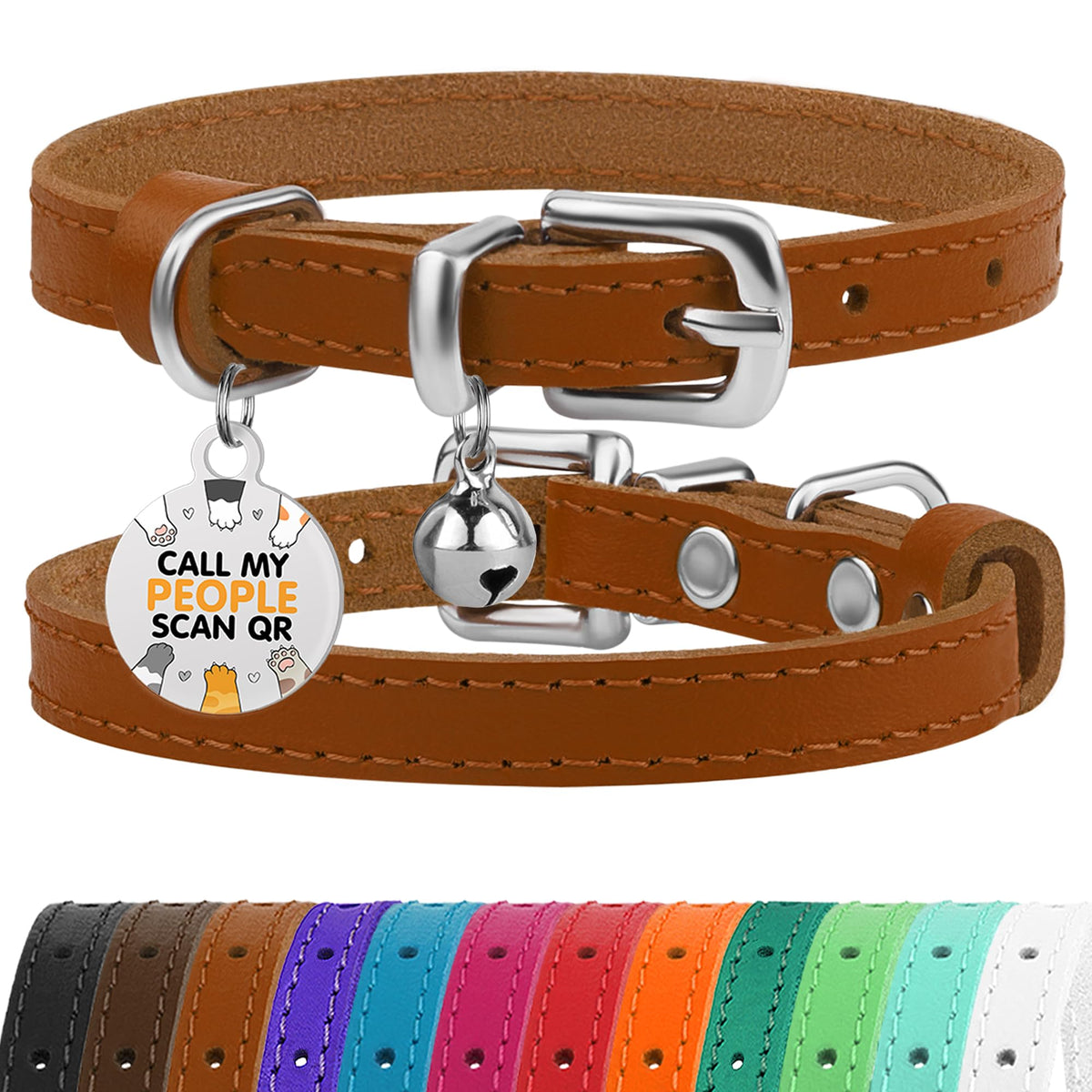 Leather Cat Collar, Removable Bells, QR Tag (9-12", Black & Gold)
