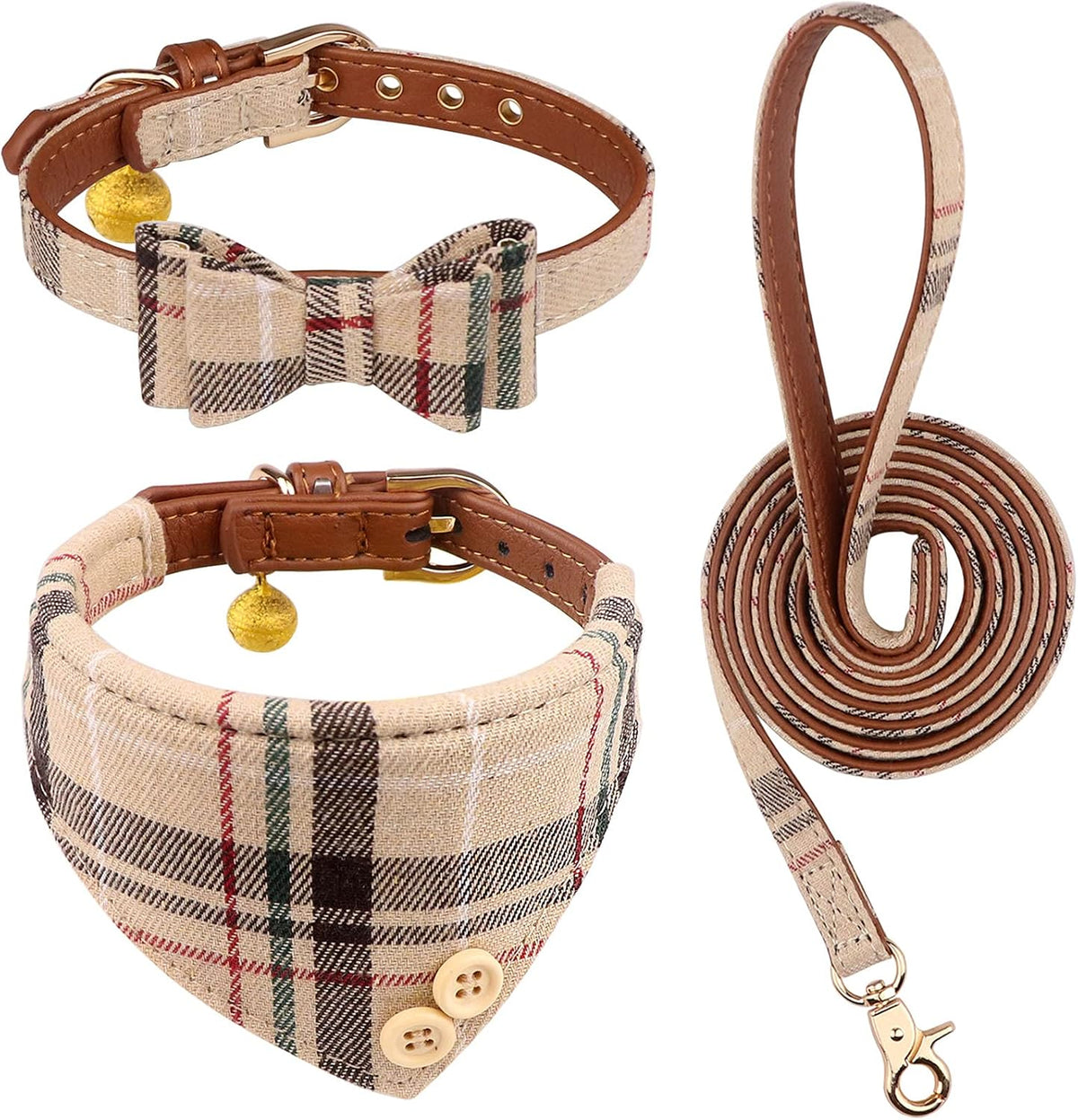3 PCS Dog Collars for Small Puppy Collar and Leash Set, Bow Tie with Bell, Bandana Leather for Small Dogs Puppies and Cats(Beige)