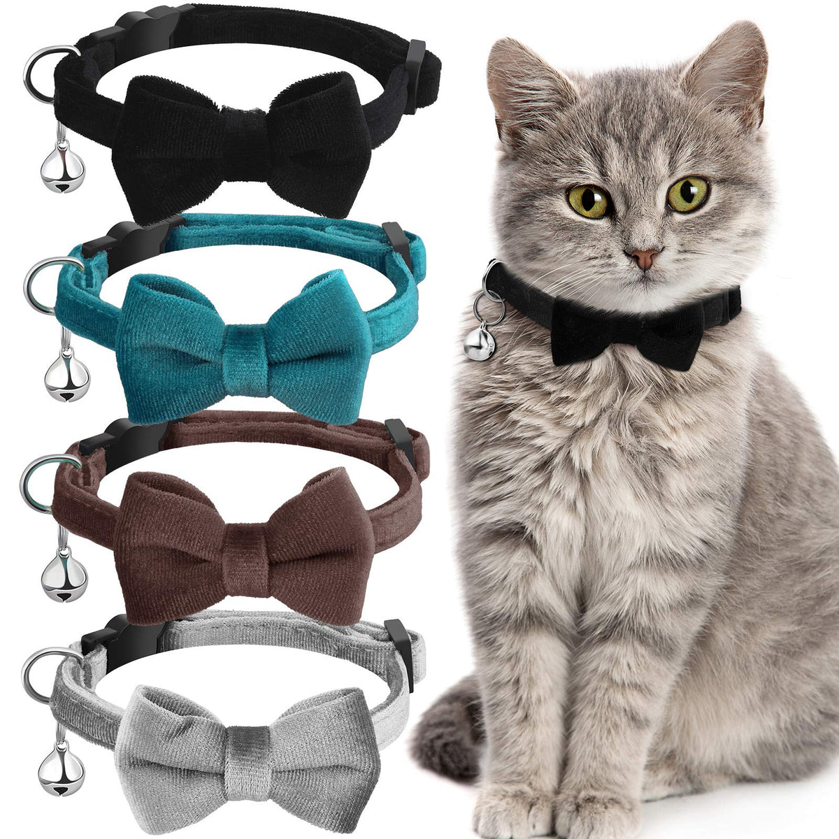 Weewooday 4 Cat Bow Tie Collar, Small, Black, Gray, Dark Green, Blue