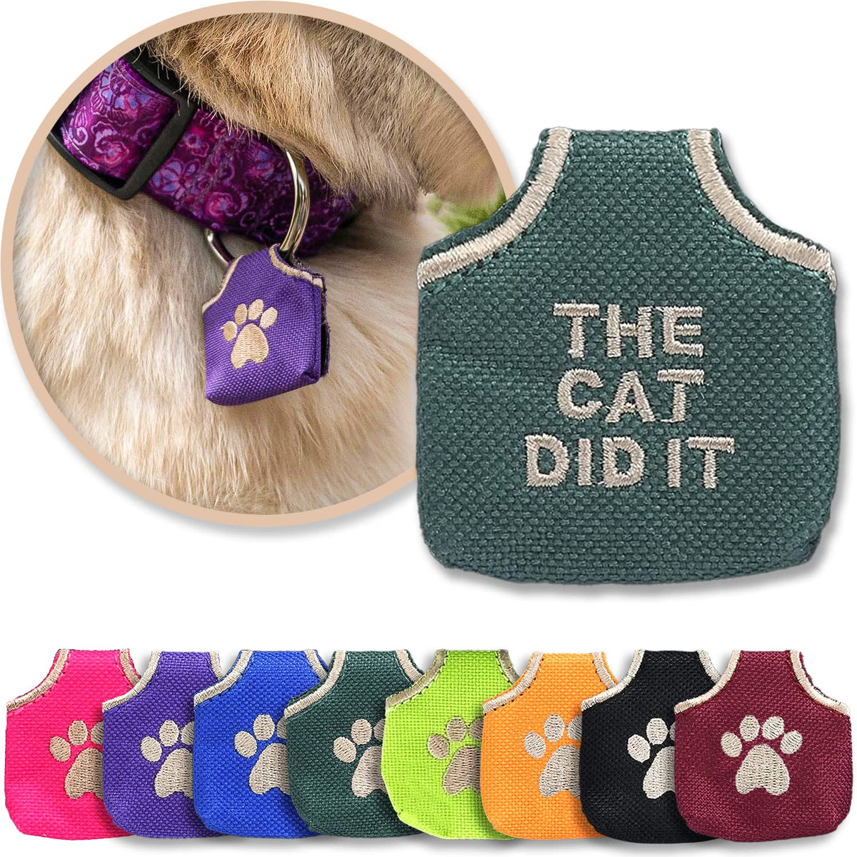 Woofhoof Dog Tag Silencer, Blue Pawprint - Quiet Noisy Pet Tags - Fits Up to Four Pet IDs - Dog Tag Cover Protects Metal Pets IDs, Made of Durable Nylon, Universal Fit, Machine Washable