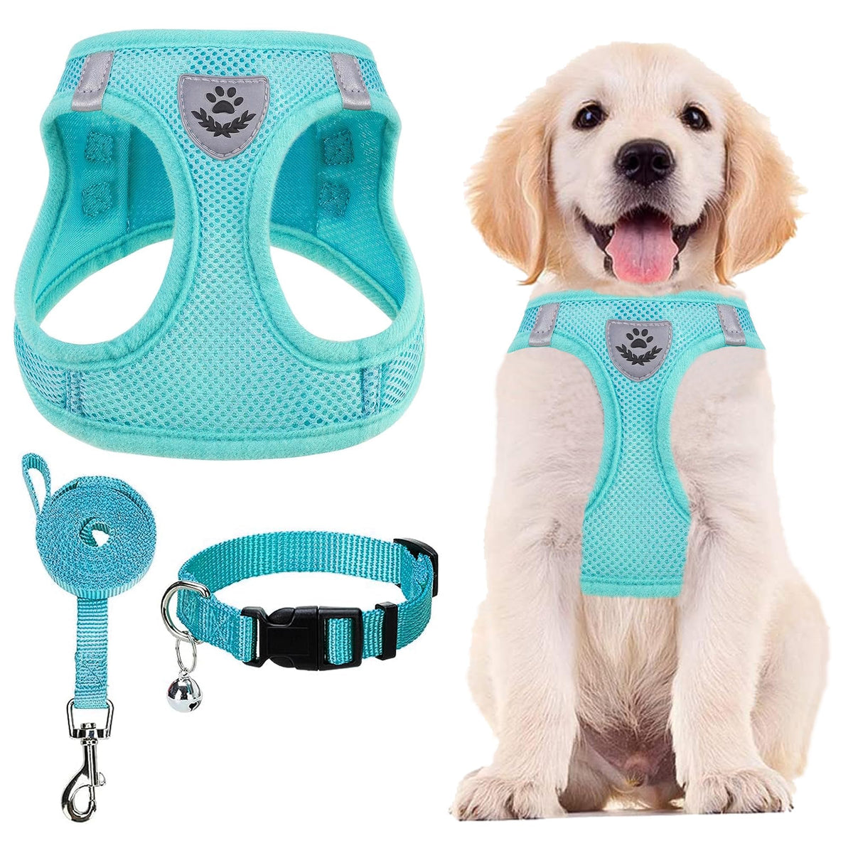 PUPTECK Adjustable Pet Harness Collar &Leash Set Step in for Small Dogs Puppy &Cats Outdoor Training &Running, Soft Mesh Padded Reflective Vest Harness,M: Chest girth: 16-18in Collar: 11.8-15.7in