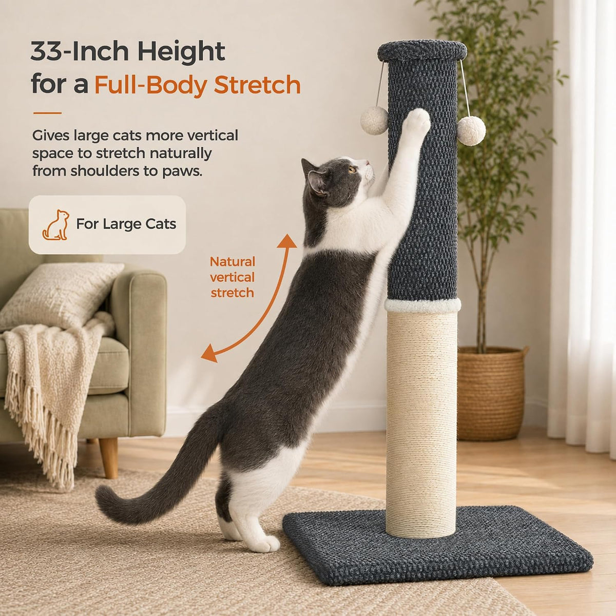 Made4Pets Tall Cat Scratching Post with Sisal & Carpet for Indoor Cats, 33"