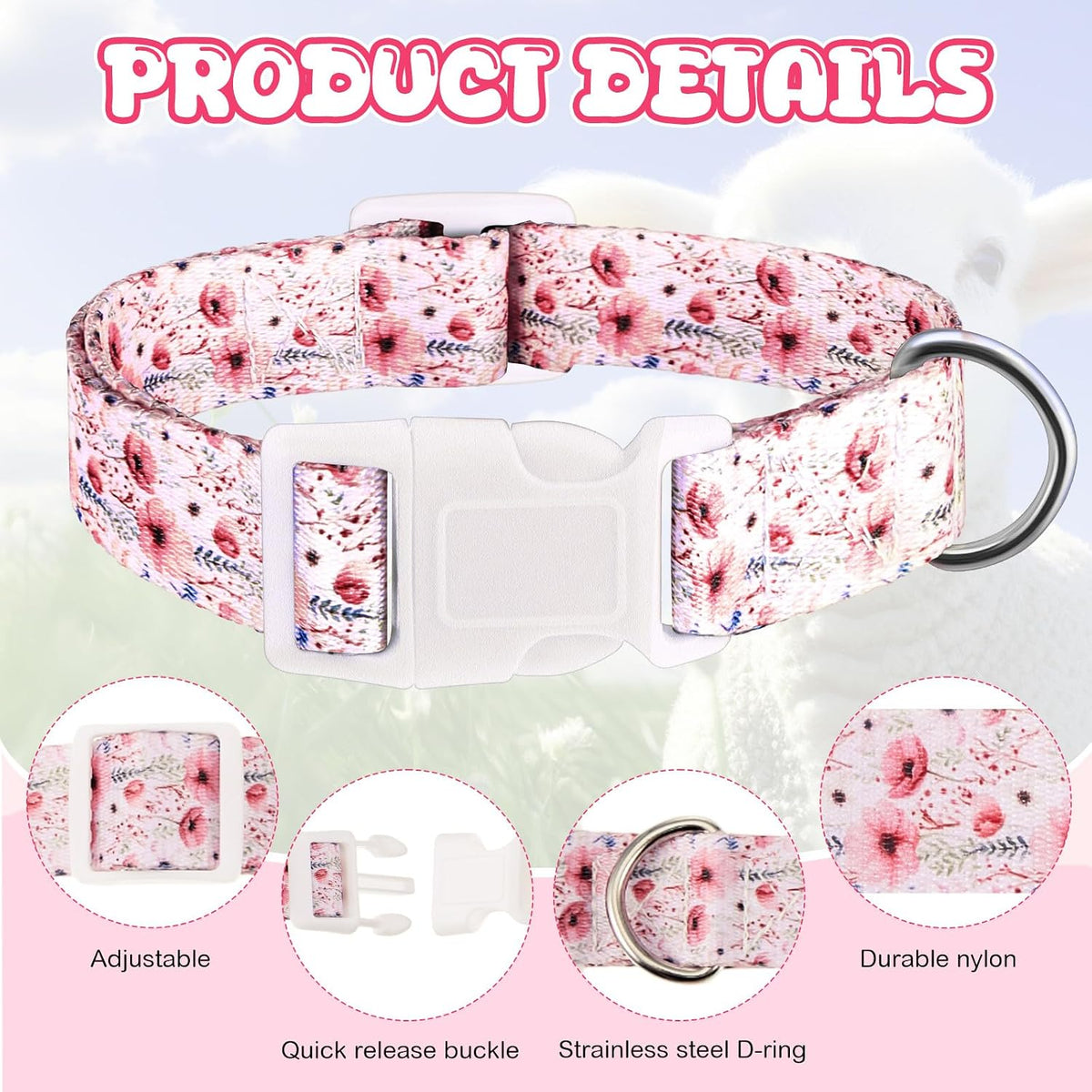 2 Pack Floral Goat Collars with Bells, White Pink Girly Pattern for Lambs