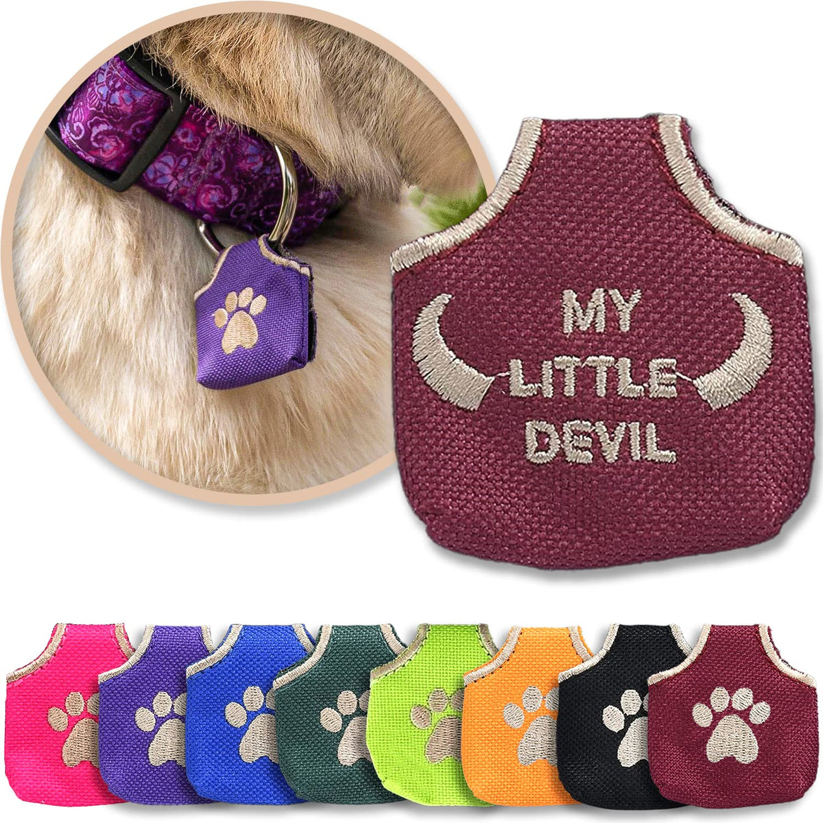 Woofhoof Dog Tag Silencer, Blue Pawprint - Quiet Noisy Pet Tags - Fits Up to Four Pet IDs - Dog Tag Cover Protects Metal Pets IDs, Made of Durable Nylon, Universal Fit, Machine Washable