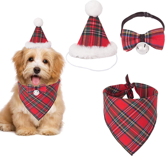 ADOGGYGO Christmas Dog Bandana Hat Bow Tie Set - Stylish Red Plaid Puppy Christmas Hat Scarf Costume Outfit for Small Dogs Pets (Small)