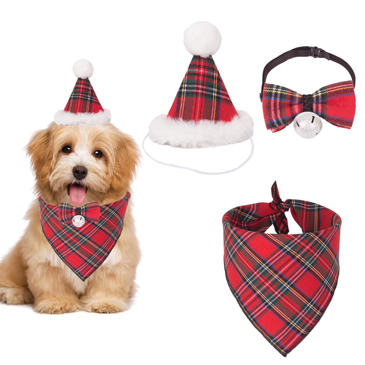 ADOGGYGO Christmas Dog Bandana Hat Bow Tie Set - Stylish Red Plaid Puppy Christmas Hat Scarf Costume Outfit for Small Dogs Pets (Small)